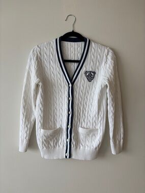 Ralph Lauren White Cable Knit Cardigan with Navy Trim and Crest. Matching Suit
